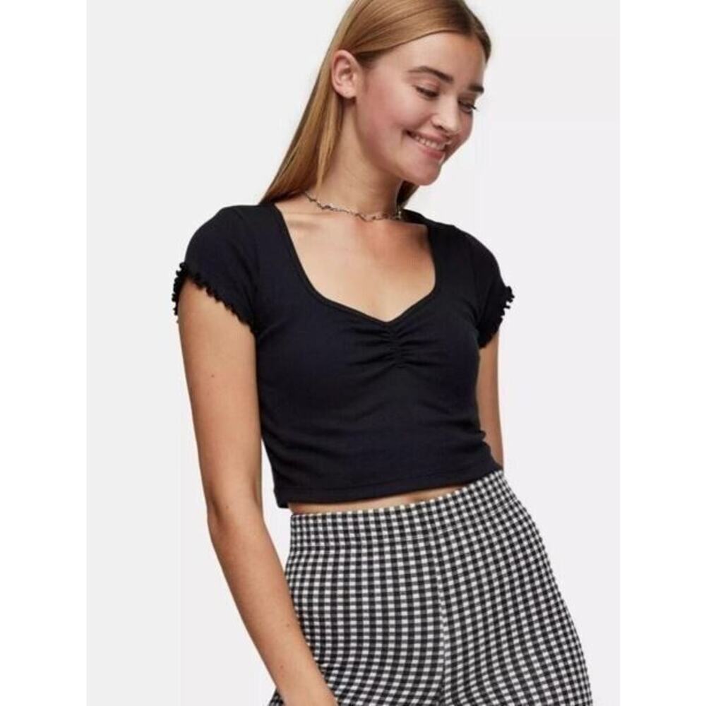 Topshop Women's‎ Ribbed Cinch Front Lettuce Sleeve Crop Top in Black Size 6 $18